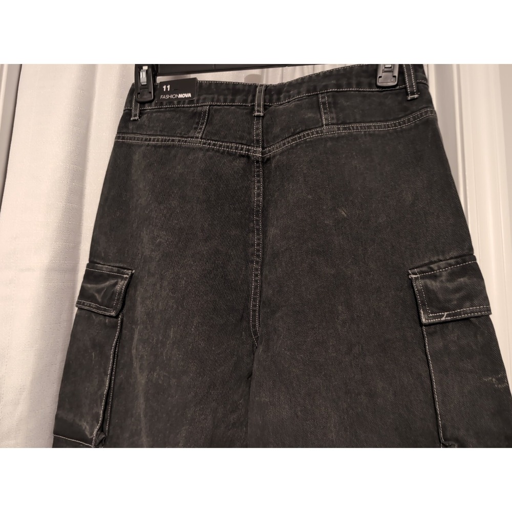 NWT Fashion Nova Cargo Jeans Women Black Wide Leg Goth Grunge Skate Y2K Size-11 - Picture 7 of 14